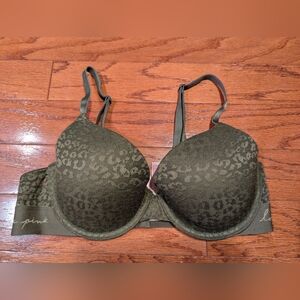 PINK Victoria's Secret Olive Green Leopard Jacquard Bra 36C - Lightly Lined